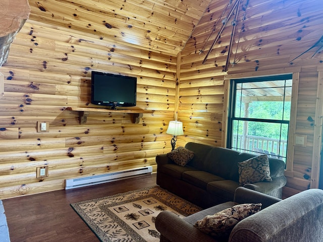 5283 Griffin Rd, Lewiston, MI 49756 - living room featuring baseboard heating, wood finished floors, lofted ceiling, log walls, and wooden ceiling
