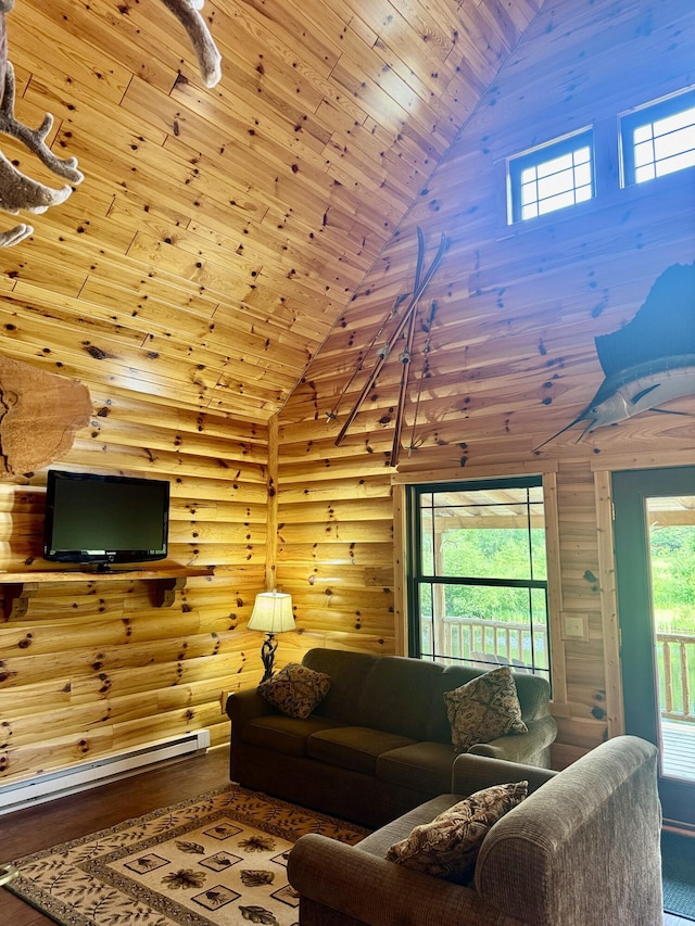 5283 Griffin Rd, Lewiston, MI 49756 - living area with high vaulted ceiling, rustic walls, wooden ceiling, wood finished floors, and healthy amount of natural light