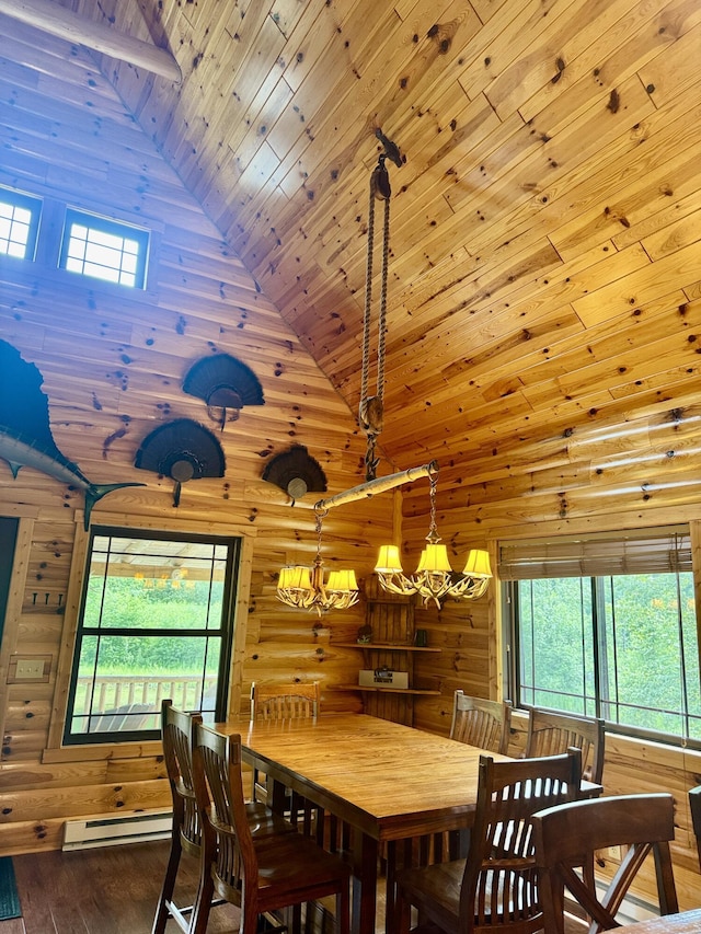 5283 Griffin Rd, Lewiston, MI 49756 - dining room featuring wooden ceiling, high vaulted ceiling, baseboard heating, healthy amount of natural light, and a chandelier