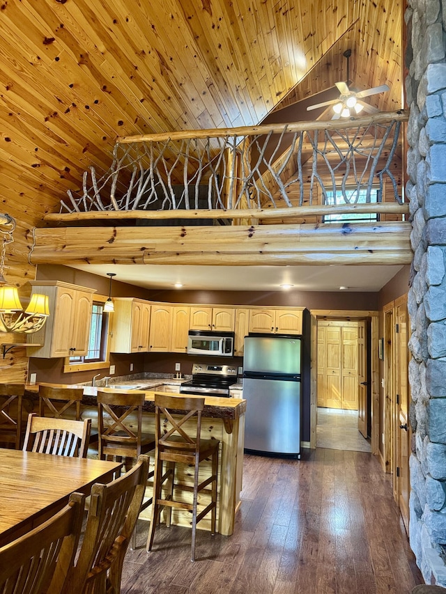 5283 Griffin Rd, Lewiston, MI 49756 - kitchen with appliances with stainless steel finishes, high vaulted ceiling, wood ceiling, dark wood finished floors, and a ceiling fan