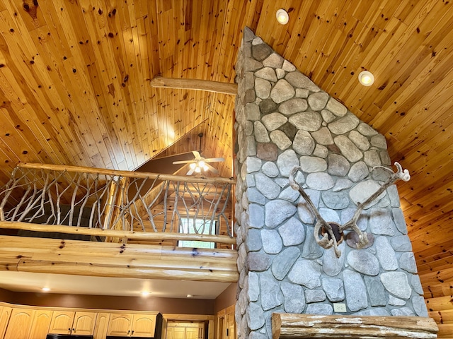 5283 Griffin Rd, Lewiston, MI 49756 - detailed view of wooden ceiling, ceiling fan, and recessed lighting