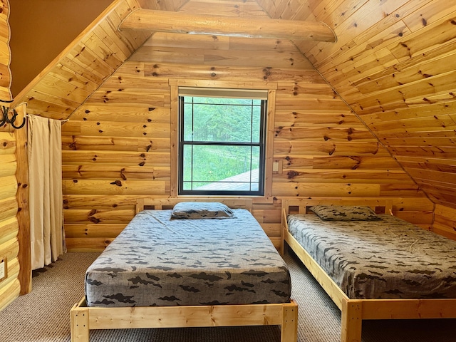 5283 Griffin Rd, Lewiston, MI 49756 - carpeted bedroom featuring rustic walls, lofted ceiling, and wood ceiling