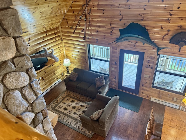 5283 Griffin Rd, Lewiston, MI 49756 - living area featuring wood finished floors, rustic walls, high vaulted ceiling, and a baseboard radiator