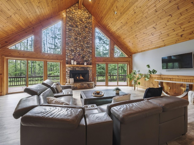 6552 High Trees Ct, Gaylord, MI 49735 - living room with high vaulted ceiling, a fireplace, and wood ceiling