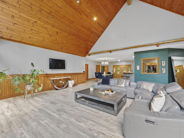 6552 High Trees Ct, Gaylord, MI 49735 - living area with high vaulted ceiling, a chandelier, a wainscoted wall, wooden ceiling, and wood finished floors
