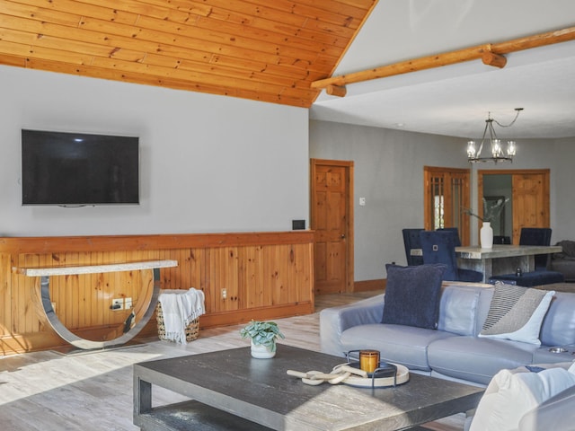 6552 High Trees Ct, Gaylord, MI 49735 - living area with a chandelier, light wood-style flooring, high vaulted ceiling, wainscoting, and wooden ceiling