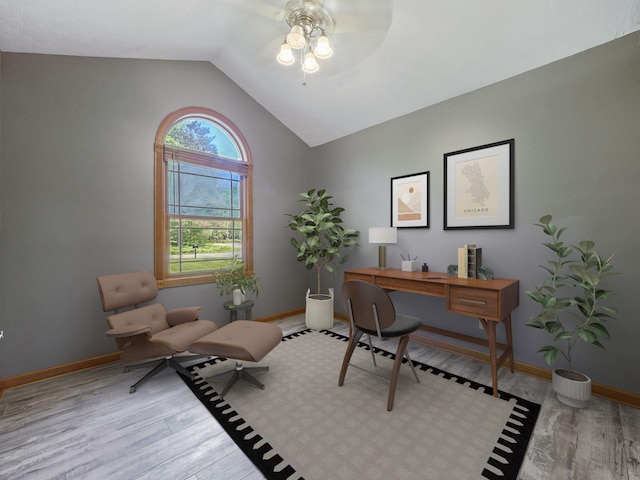 6552 High Trees Ct, Gaylord, MI 49735 - home office featuring a ceiling fan, wood finished floors, and vaulted ceiling