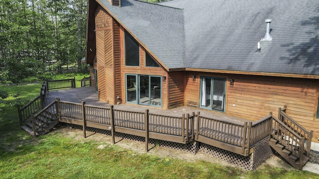 6552 High Trees Ct, Gaylord, MI 49735 - rear view of property featuring a shingled roof, stairway, a wooden deck, and a chimney