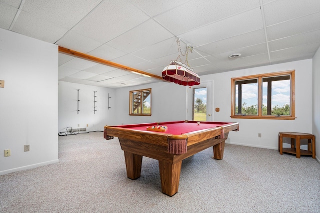 2829 Kassuba Rd, Gaylord, MI 49735 - rec room with a paneled ceiling, carpet floors, and pool table