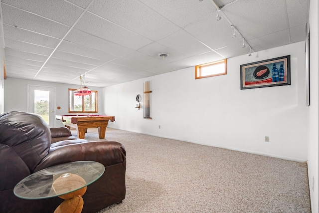 2829 Kassuba Rd, Gaylord, MI 49735 - carpeted living area with pool table, a paneled ceiling, and track lighting