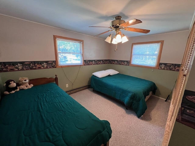 332 Pingree St, Roscommon, MI 48653 - bedroom with multiple windows, a baseboard radiator, carpet flooring, ceiling fan, and ornamental molding