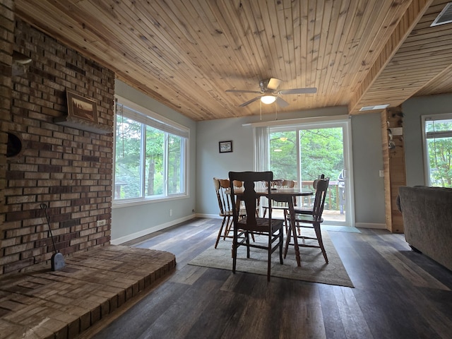1300 Geesey Ave, Mio, MI 48647 - dining area featuring a ceiling fan, dark wood-style flooring, and wood ceiling