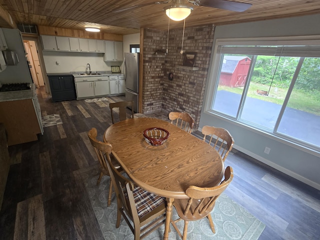 1300 Geesey Ave, Mio, MI 48647 - dining space with wood ceiling, dark wood-type flooring, and a ceiling fan