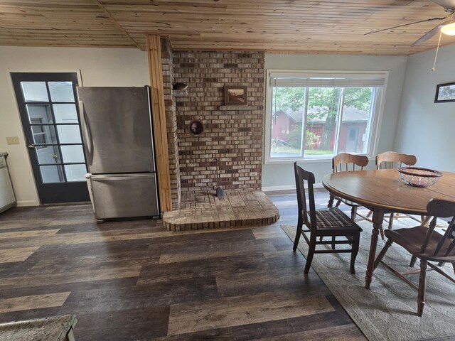 1300 Geesey Ave, Mio, MI 48647 - dining room with wood ceiling, a ceiling fan, and dark wood-type flooring