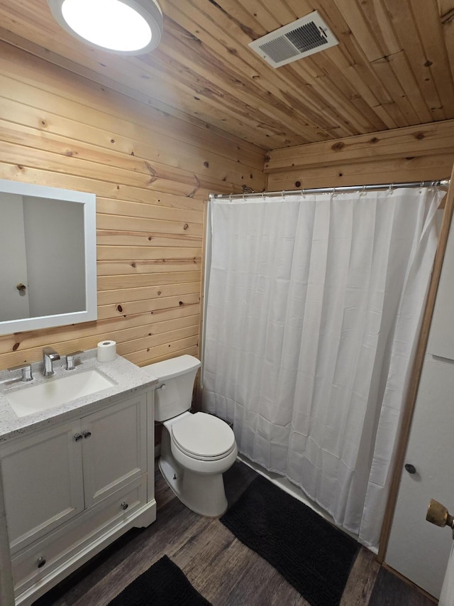1300 Geesey Ave, Mio, MI 48647 - full bathroom featuring vanity, wood ceiling, wood finished floors, wooden walls, and a shower with curtain
