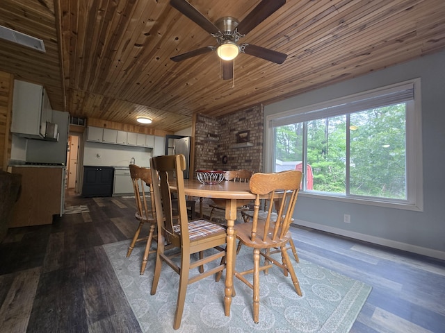 1300 Geesey Ave, Mio, MI 48647 - dining room with dark wood-type flooring, a ceiling fan, wooden ceiling, and lofted ceiling