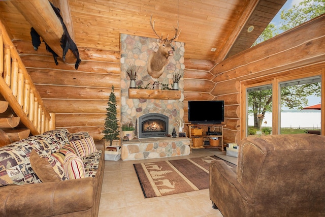 23 Treasure Is, Roscommon, MI 48653 - tiled living room with rustic walls, wood ceiling, and a stone fireplace