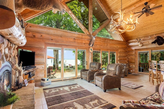 23 Treasure Is, Roscommon, MI 48653 - living room featuring light tile patterned flooring, rustic walls, high vaulted ceiling, a chandelier, and wood ceiling