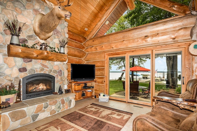 23 Treasure Is, Roscommon, MI 48653 - living room featuring rustic walls, a wood ceiling with exposed beams, a fireplace, high vaulted ceiling, and tile patterned flooring