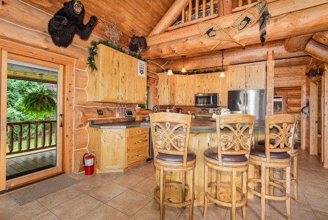 23 Treasure Is, Roscommon, MI 48653 - kitchen with stainless steel appliances, light tile patterned floors, wood ceiling, light brown cabinets, and rustic walls