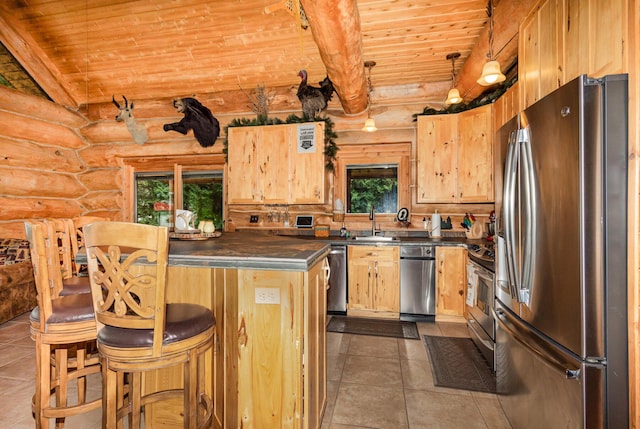 23 Treasure Is, Roscommon, MI 48653 - kitchen with appliances with stainless steel finishes, rustic walls, a wood ceiling with exposed beams, dark countertops, and tile patterned flooring