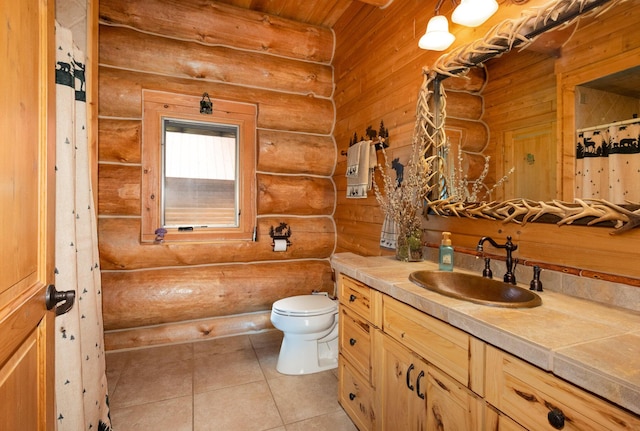 23 Treasure Is, Roscommon, MI 48653 - full bathroom featuring rustic walls, vanity, tile patterned floors, and a shower with curtain
