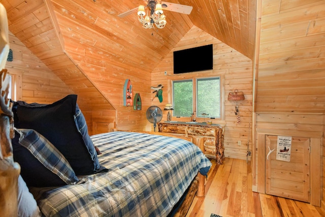 23 Treasure Is, Roscommon, MI 48653 - bedroom featuring wooden ceiling, lofted ceiling, wooden walls, and hardwood / wood-style floors