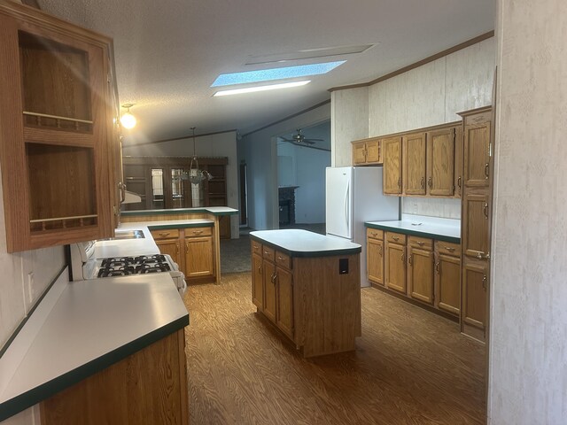 2503 W Hubbard Lake Trl, Hubbard Lake, MI 49747 - kitchen featuring a skylight, a kitchen island, dark wood finished floors, brown cabinets, and white gas range