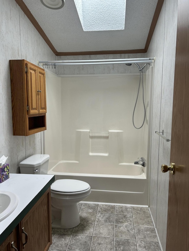 2503 W Hubbard Lake Trl, Hubbard Lake, MI 49747 - bathroom featuring ornamental molding, vanity,  shower combination, a textured ceiling, and wood walls