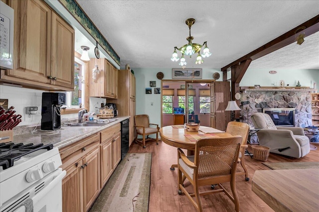 2951 N Palmer Rd, Onaway, MI 49765 - kitchen with a textured ceiling, white appliances, light wood-style floors, light countertops, and plenty of natural light