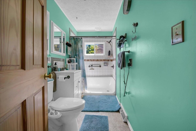 2951 N Palmer Rd, Onaway, MI 49765 - bathroom with vanity, a textured ceiling, and shower / tub combo with curtain
