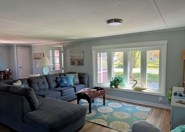 living room with ornamental molding and light hardwood / wood-style floors