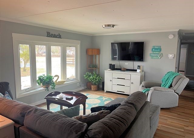 living room with ornamental molding and light wood-type flooring