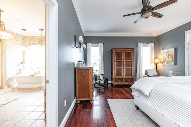 bedroom featuring ceiling fan, multiple windows, crown molding, and dark wood-type flooring