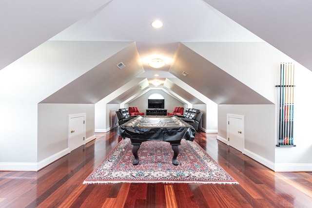 game room with dark hardwood / wood-style floors, billiards, and vaulted ceiling