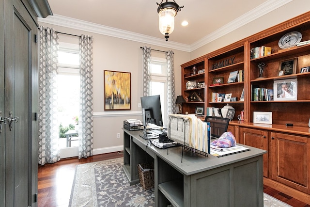 office space with crown molding and dark wood-type flooring