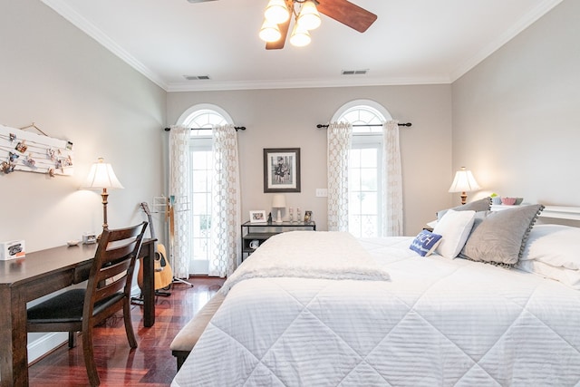 bedroom featuring multiple windows, ceiling fan, and crown molding