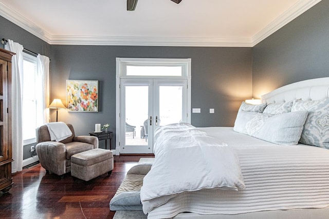 bedroom with dark wood-type flooring, access to outside, ceiling fan, and crown molding