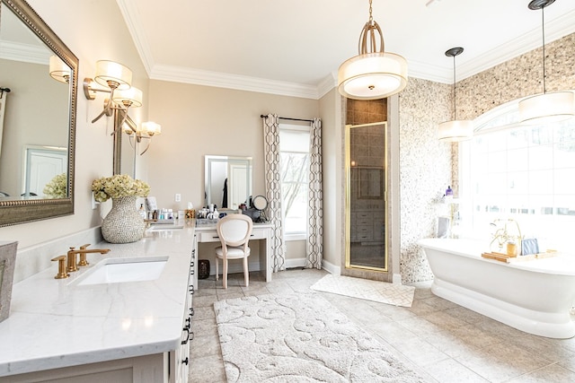 bathroom featuring vanity, shower with separate bathtub, and ornamental molding