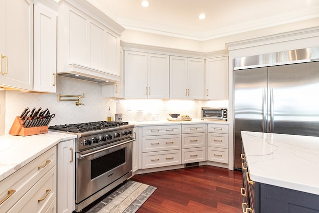 kitchen with dark wood-type flooring, crown molding, tasteful backsplash, premium appliances, and custom range hood