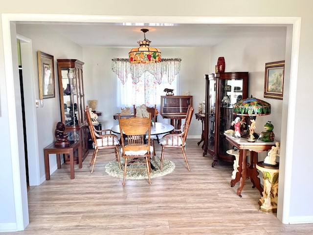 7669 E Side Rd, Chincoteague, VA 23336 - dining area with light wood-style flooring, a chandelier, and baseboards