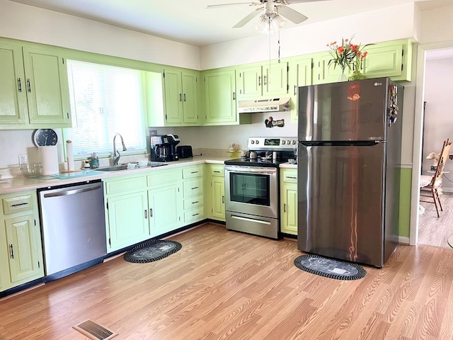7669 E Side Rd, Chincoteague, VA 23336 - kitchen with appliances with stainless steel finishes, a sink, under cabinet range hood, and green cabinetry