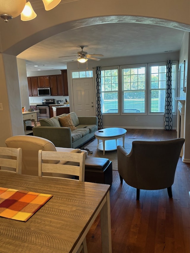 living room with ceiling fan and dark hardwood / wood-style flooring