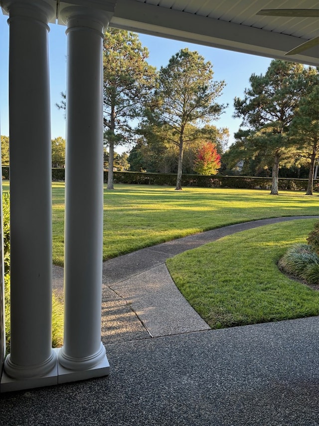 view of property's community featuring a lawn