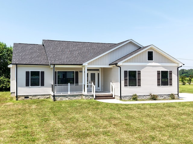 27192 Castle Row, Cape Charles, VA 23310 - view of front of property with covered porch, a shingled roof, a front lawn, and crawl space