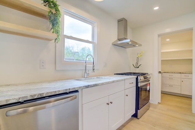 kitchen with stainless steel appliances, ventilation hood, a sink, recessed lighting, and open shelves
