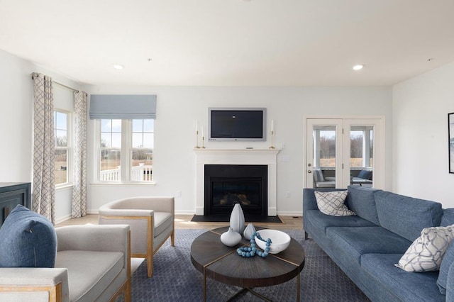 547 Skipper Ct, Greenbackville, VA 23356 - living room with a fireplace with flush hearth, wood finished floors, and recessed lighting