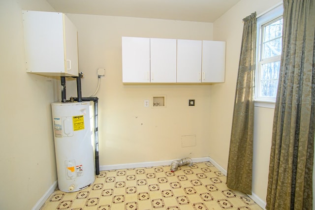 washroom with washer hookup, electric dryer hookup, cabinets, and electric water heater