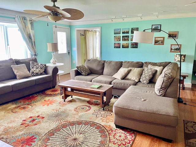 3250 Colona St, Chincoteague, VA 23336 - living room featuring wood finished floors, track lighting, and ceiling fan