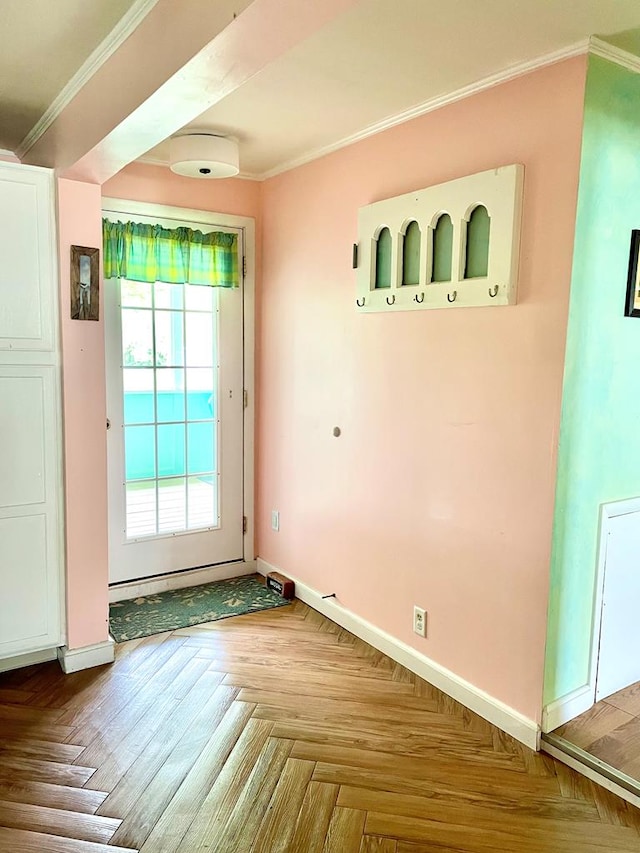 3250 Colona St, Chincoteague, VA 23336 - doorway to outside with baseboards and crown molding